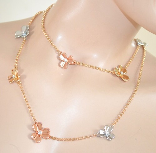 Collana donna lunga catena oro ciondoli fiori argento rosa dorato strass U525 - Foto 2 di 4