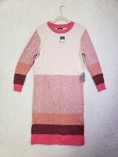 Solutions Women Dress Large Pink Striped Nylon Blend Long Sleeve Knit Sweater