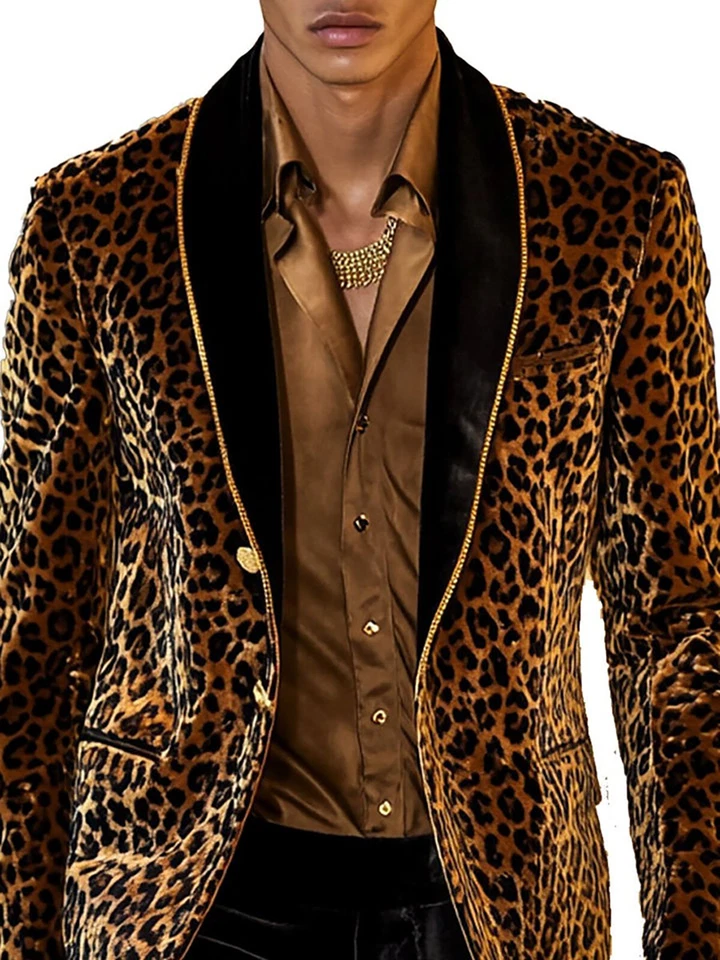 Leopard Print Men's Velvet Coat Shawl Lapel Single Breasted Button Party Jackets - Image 4 of 4