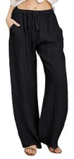   Women's Summer Drawstring 34  Waist Wide Leg Loose Cotton Linen Palazzo Pant
