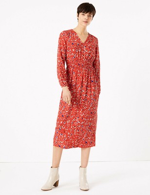 animal print waisted midi dress