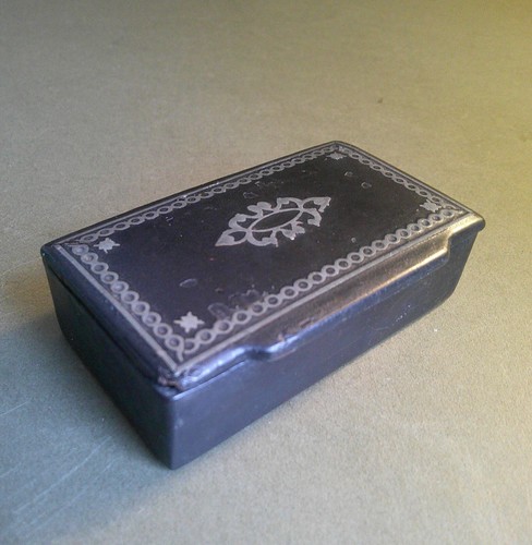 Antique Papier Mache and Silver Inlay Snuff Box