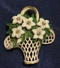 VTG Signed Crown Trifari Brooch “Flowers Basket” Enamel, Milk Glass,Rhinestone