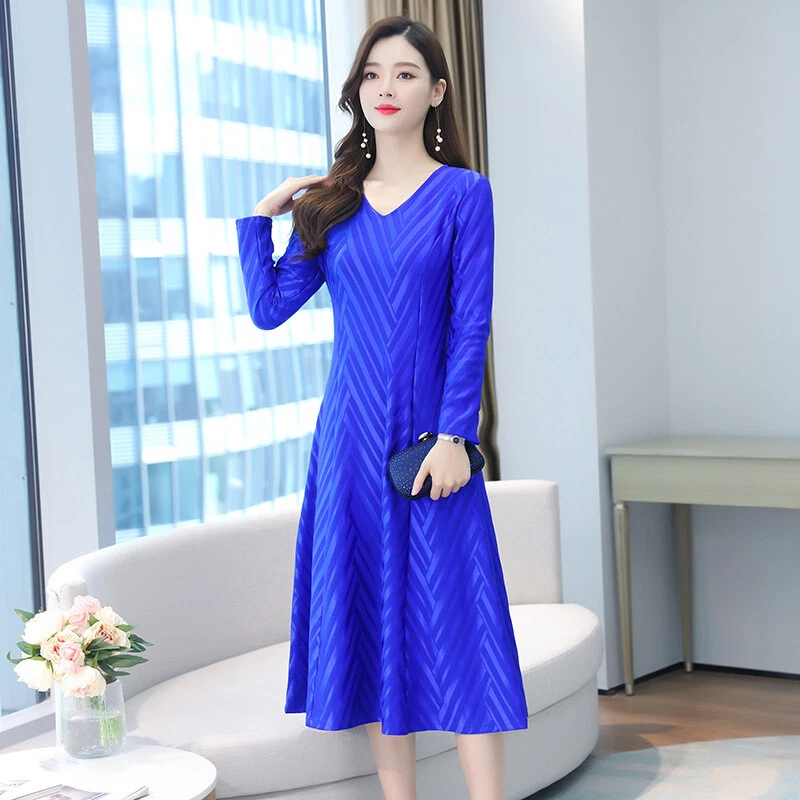 VETEMENTS Abito donna midi linea A manica lunga scollo a V slim ufficio lavoro festa elegante