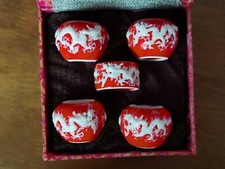 1set 5pcs Red Asian Bamboo Bird Cage Dragon food ceramics cups .