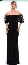 XSCAPE Size 6P Black Long Scuba Crepe Off Shoulder 3D Flower Dress 