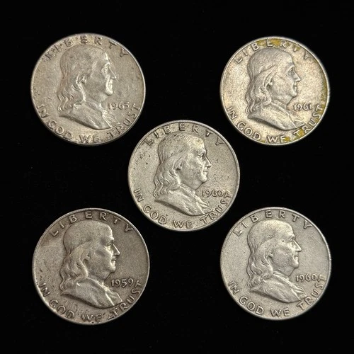 5 Lot - Mixed Franklin Half Dollars - Fine Condition - 90% Silver 50 Cent Pieces