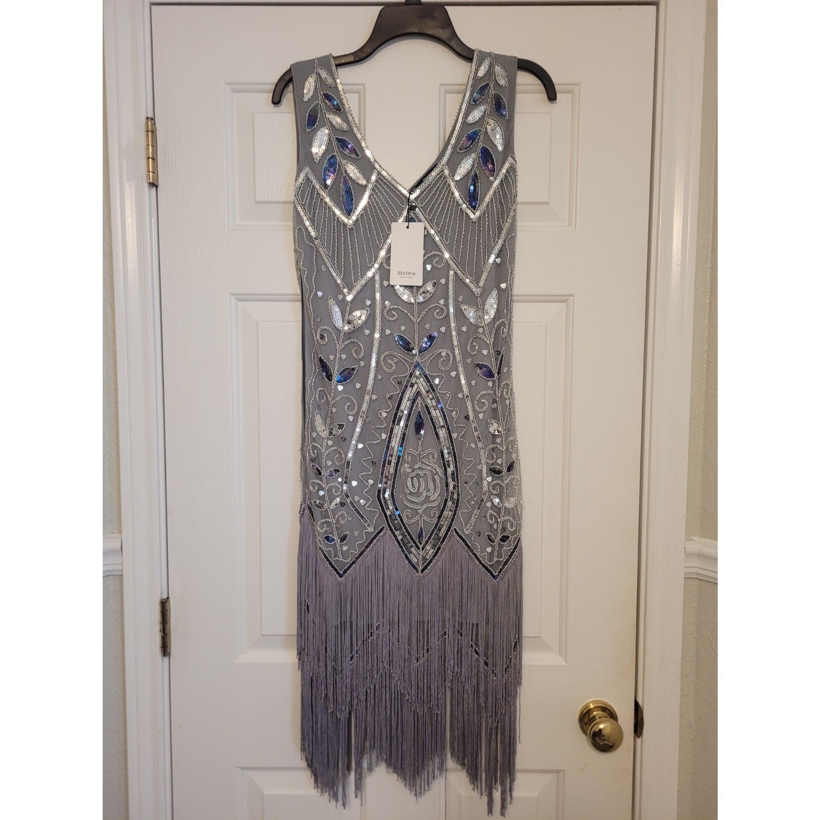 Vestido Metme 1920s Flapper Para Mujer Pequeño Gris Plateado Lentejuelas Flecos Gatsby Nuevo Con Etiquetas