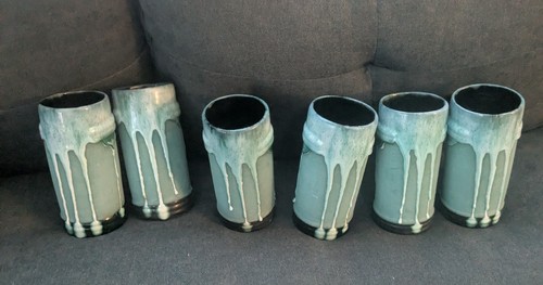 Juego de 6 tazas de esmalte por goteo Studio Art Pottery cerámica azul verdoso 6,5" - Imagen 4 de 10