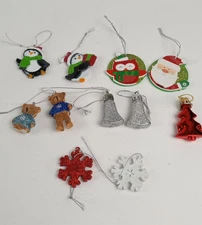 lot of 11 Mixed Christmas Ornament Lot Penguins Bears Bells Snowflakes Santa