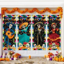 4 Pcs Day of The Dead Hanging Banner Decorations, 40 x 15 Inches Dia De Los Muer