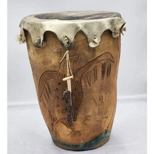 African Hand Drum Stone Tribal Carvings Lizard Birds Turtle Rare Decorative 13"