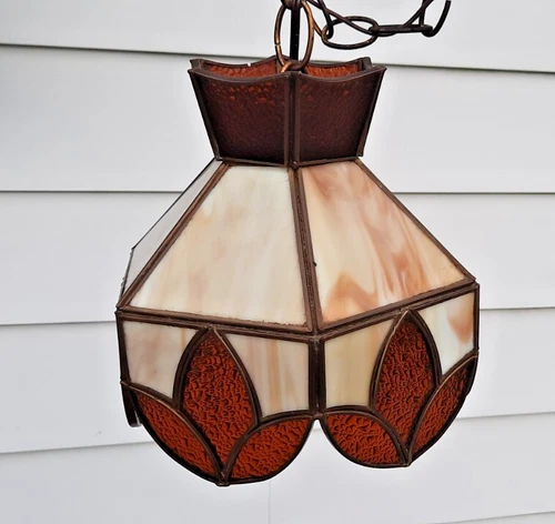 Vintage Tiffany Style Hanging  Lamp Metal & Stained / Slag Glass W/ leaf pattern