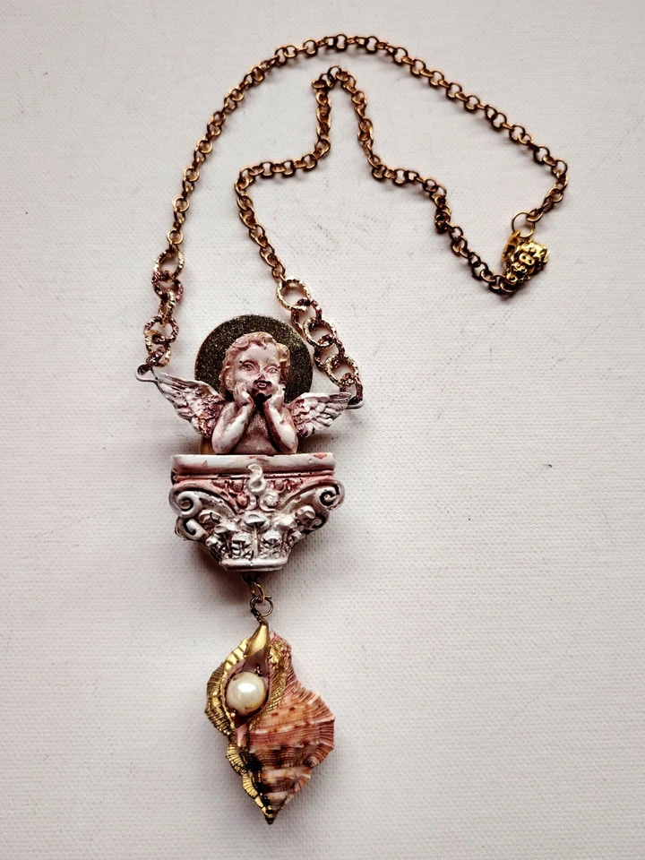 Ожерелье крылатый ангел херувим талисман барокко подвеска амулет раковина подвеска ювелирные изделия - Изображение 2 из 4