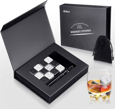 Whisky Steine Geschenkset - 12 Granit Eis Steine & Zange Neu