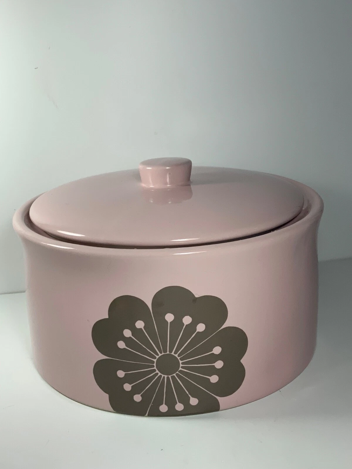 Large Pink with Brown Flower "Mod" Stoneware Canister 10 in.