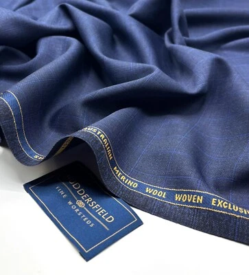 HUDDERSFIELD FINE WORSTED Blue Wool Fabric Check Suiting Fabric Thobe dishdasha Fabric 3.50m x 1.50m