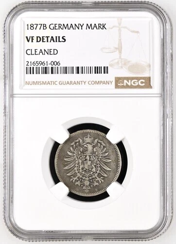 1877 B Germany 1 Mark, NGC VF Details - Cleaned, KM-7, Rare Key Date/Mint