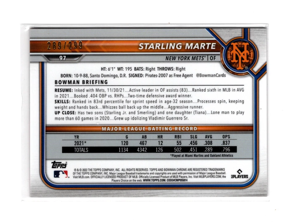 2022 Bowman Chrome Fuchsia Refractor 289/299 Starling Marte #97 Nationals - Image 2 of 2