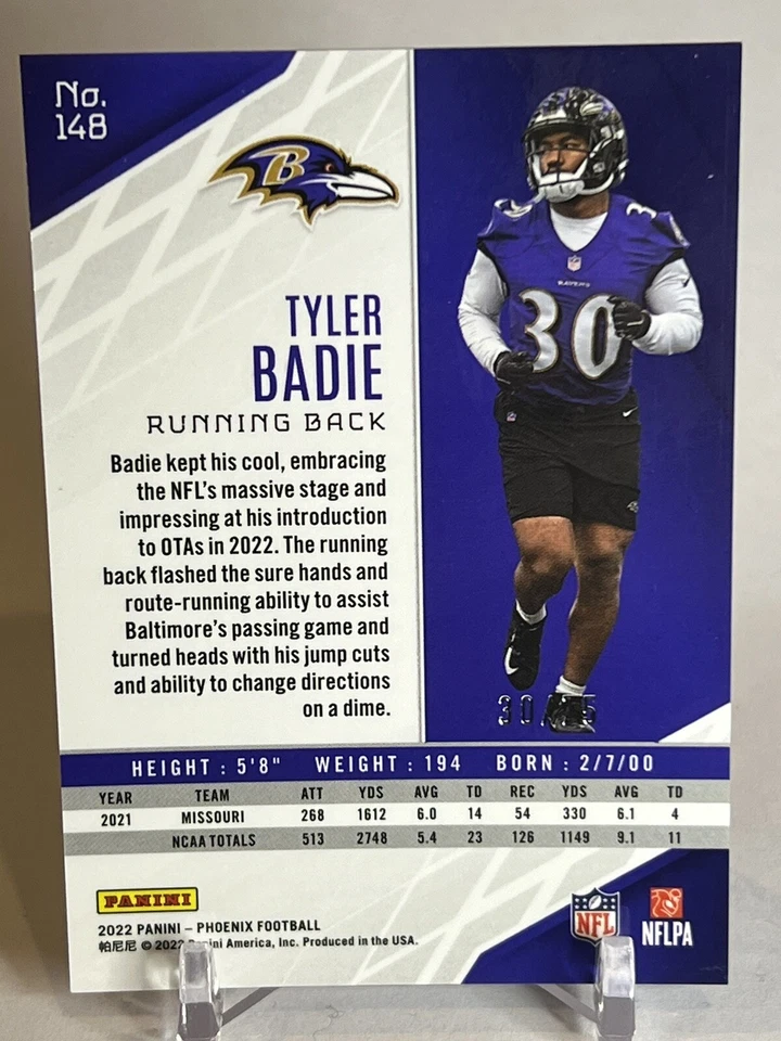 Tyler Badie 30/75 RC Rookie Orange Laser 2022 Phoenix #148 Ravens Jersey # Match - Image 2 of 3
