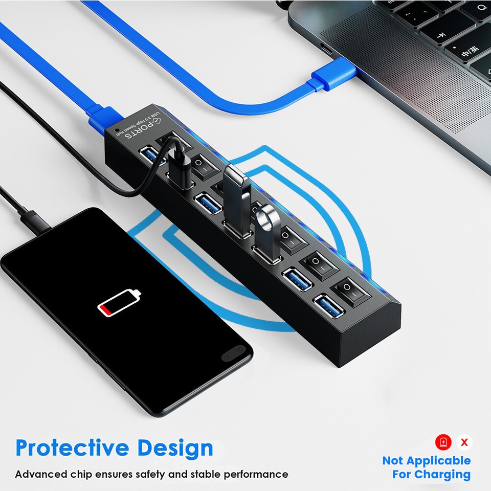 USB 3.0 Hub 7 Port On/Off Switch High Speed Splitter AC Adapter Cable ...