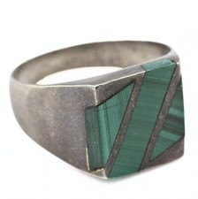 Splendid Sterling Silver Mexico Malachite Green Inlaid Squared Ring Sz 9