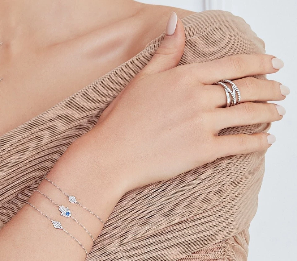 Diamant Saphir Hamsa Teufelsauge Armband 14K Weiss Gold Natürlich 0.17 TCW Rund - Bild 2 von 2