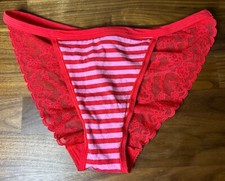 NWOT VICTORIA SECRET PINK L LACE VINTAGE RARE STRING BIKINI PANTIES Red Ruched