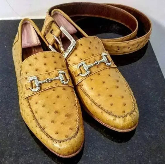 Stylish Handmade Men's Yellow Ostrich Pattern Leather Slip ons Loafers Men Shoes