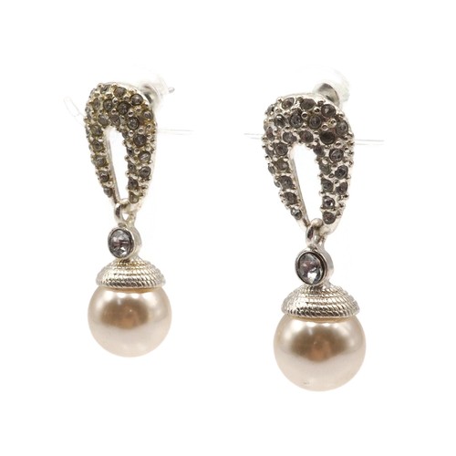 Silver Tone Crystal Rhinestone Faux Acrylic Pearl Dangle Drop Fashion Earrings - Picture 2 of 12