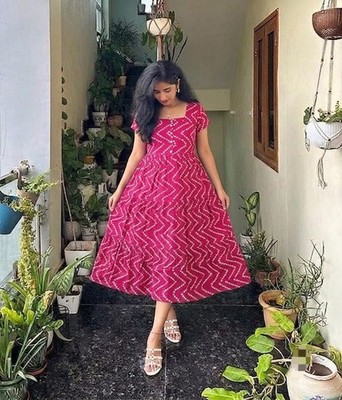 Women's Printed Cotton Midi Dress Square Neck Button Front Casual Summer