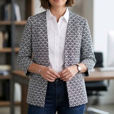Women's Black And White 3/4 Sleeve Blazer Size L Open Front Preppy Office Chic
