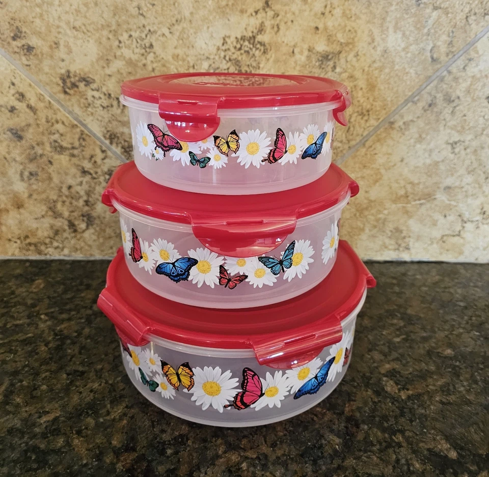 Lock & Lock Butterfly Set Of 3 Round Red Snap On Lid Nesting Storage Containers - Image 3 of 4