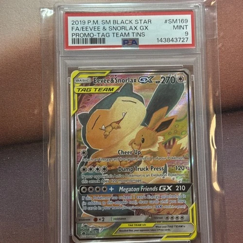 2019 Pokemon Black Star Promo Eevee & Snorlax GX Fa TAG Team Tins PSA 9 #SM169