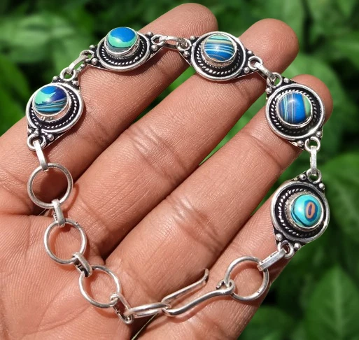 Buy Rainbow Calsilica Gemstone Chain Bracelet 925 Sterling Silver Plated Jewelry - Image 2 of 4