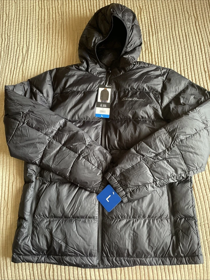 EDDIE BAUER 650 Wide Channel Down Black Hooded Lightweight Packable Zip Jacket L - Image 4 of 4