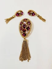 Vintage Caviness Pink Square Rivoli Rhinestones Dangles Earrings & Brooch