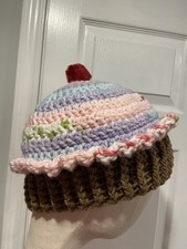 Handmade Crochet Rainbow Vanilla Cupcake Beanie Winter Hat Cozy Comfy Warm