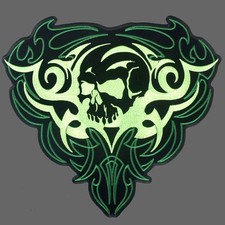 GREEN TRIBAL SKULL EMROIDERED IRON ON 5 INCH BIKER PATCH
