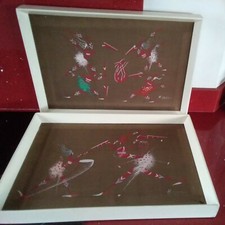 PAIR of Tribal African Folk Art Paintings, Spear Hunters Animals Signed SARRAH