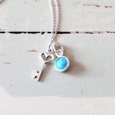 Sterling Silver Heart Key Charm with Birthsto...