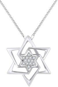 Authentic Natural Diamond Accents Star of David Pendant Prong 18" Rope 925 Sterling Silver
