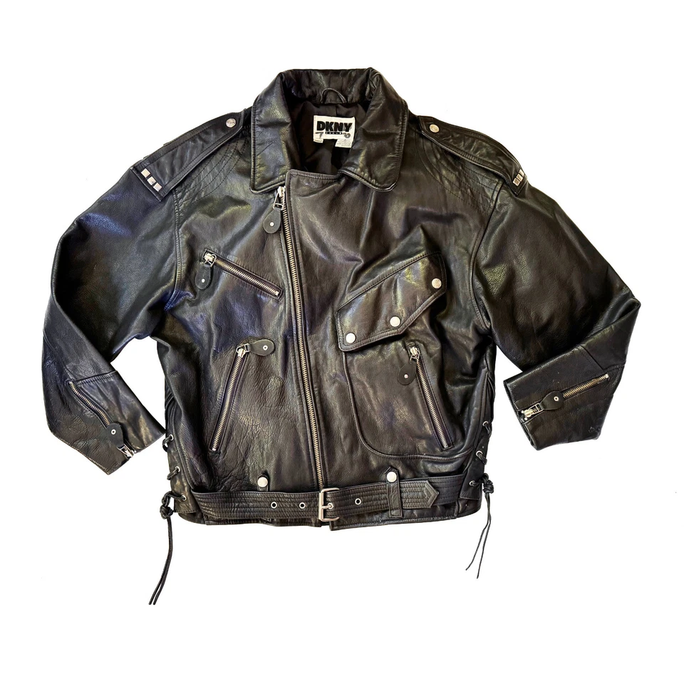 DKNY Vintage Women's Moto Biker Jacket Black Leather Size S Made in Korea