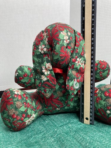 Christmas BUNNY Green Red Ribbon Bows & Holly Print Ribbon Tie Pine Cone Vintage - Picture 9 of 9