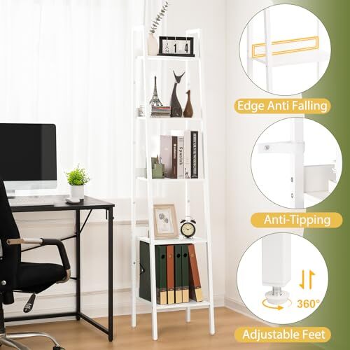 Ladder Shelf Tall Ladder Bookshelf Corner Shelf, Industrial Book 5 Tier White - Picture 4 of 6