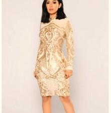 FASHION NOVA Gold Sequin Mesh Dress