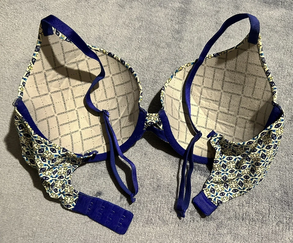 Victoria's Secret Perfect Shape Bra Women's Size 32D  Blue Paisley Yellow Sexy - Image 4 of 4