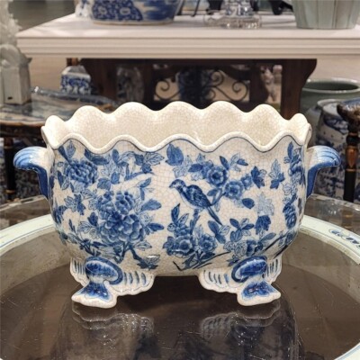 CHINOISERIE PORCELAIN BIRD SCALLOP EDGE PLANTER-12'' X 7''H