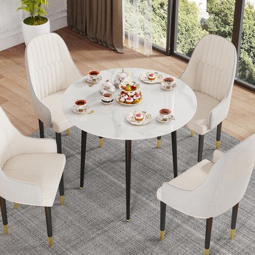 80cm Marble Iron Pedestal Dining Table for Kitchen or Breakfast Nook Small Space - Picture 2 of 20