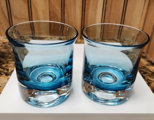 2 tumbler base in vetro svasato blu lowball pesi pesanti spinta nella base MCM stoviglie - Foto 5 di 7